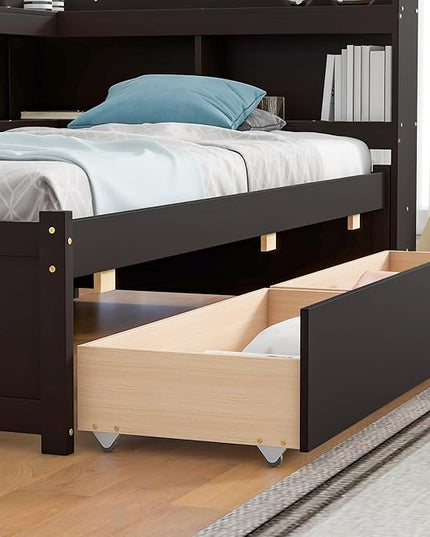 Twin Size Daybed with Storage Drawers and L-Shaped Bookcase Headboard, Solid Wood Captains Day Bed for Bedroom Living Room Guestroom, No Box Spring Needed, Espresso - LeafyLoom