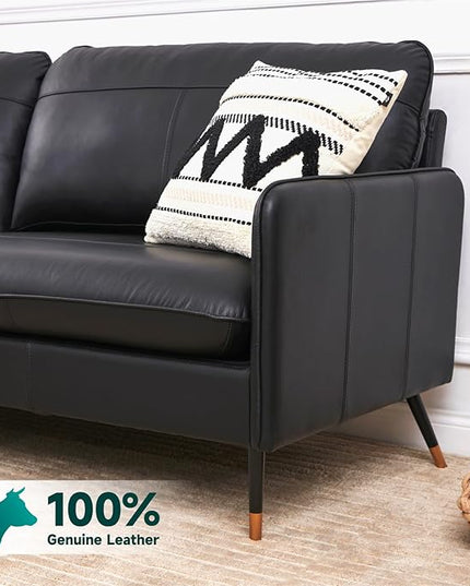 79" Genuine Leather Sofa, Top-Grain 3 Seater Leather Couch, Mid-Century Modern Upholstered Sofa for Living Room Bedroom Apartment Office, Black - LeafyLoom