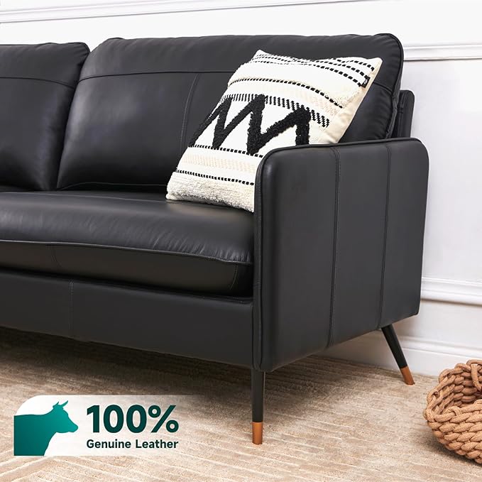 79" Genuine Leather Sofa, Top-Grain 3 Seater Leather Couch, Mid-Century Modern Upholstered Sofa for Living Room Bedroom Apartment Office, Black - LeafyLoom