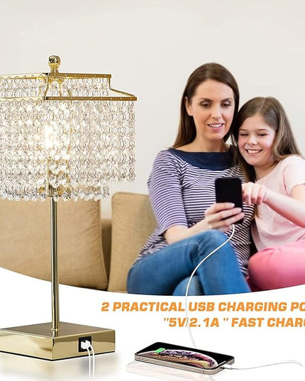 Luvkczc USB Bedside Crystal Table Lamp Gold, Touch Control Lamp, 3-Way Dimmable with Shade for Bedroom, Living Room, 6W LED Bulb Included - LeafyLoom