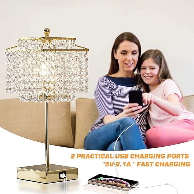 Luvkczc USB Bedside Crystal Table Lamp Gold, Touch Control Lamp, 3-Way Dimmable with Shade for Bedroom, Living Room, 6W LED Bulb Included - LeafyLoom