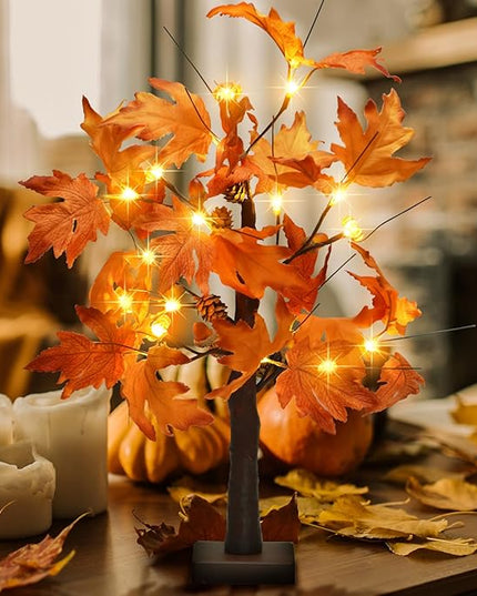 22 Inch Lighted Maple Tree Fall Tree Thanksgiving Tree Decorations with 6 Acorns & Pumpkins & Pinecones Autumn Decor with 18 LED Thanksgiving Decorations Indoor for Harvest, Fall, Party, Table - LeafyLoom