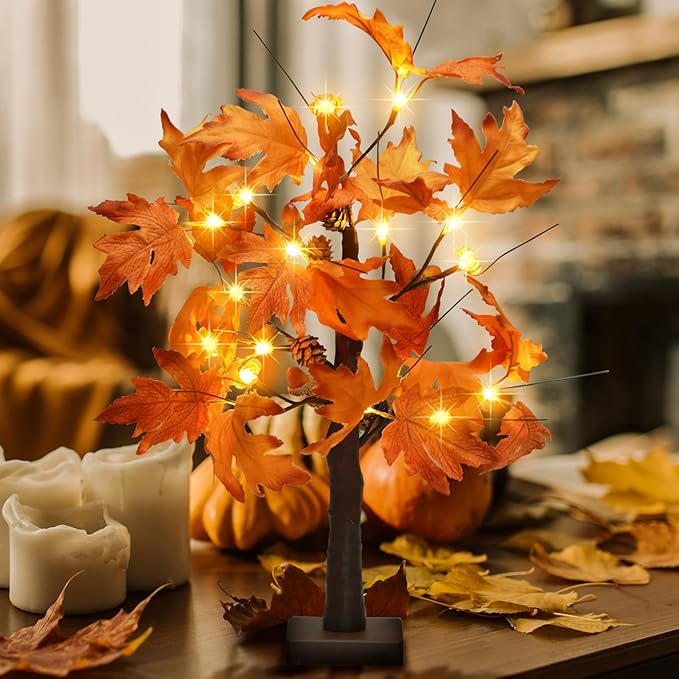 22 Inch Lighted Maple Tree Fall Tree Thanksgiving Tree Decorations with 6 Acorns & Pumpkins & Pinecones Autumn Decor with 18 LED Thanksgiving Decorations Indoor for Harvest, Fall, Party, Table - LeafyLoom
