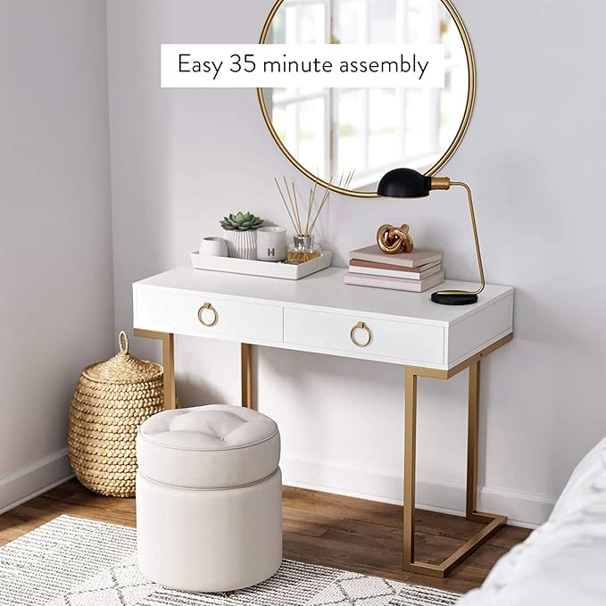 Nathan James Leighton Two-Drawer Writing Glam Accents Brass, Home Office Computer Desk or Vanity Table, 2, White/Gold, Small - LeafyLoom
