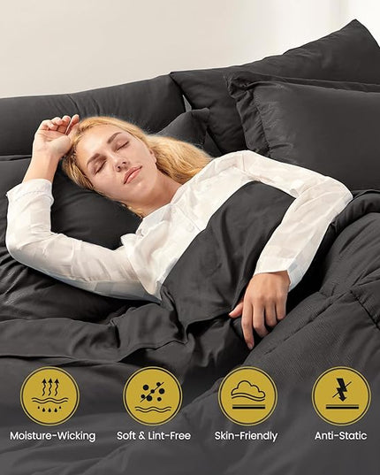 California King Bed in a Bag 7 Pieces Cal King Comforter Set, Wood Grain Texture Comforter Set Black Bed Set with Comforter, Pillowcases, Flat Sheet, Fitted Sheet and Pillow Shams - LeafyLoom