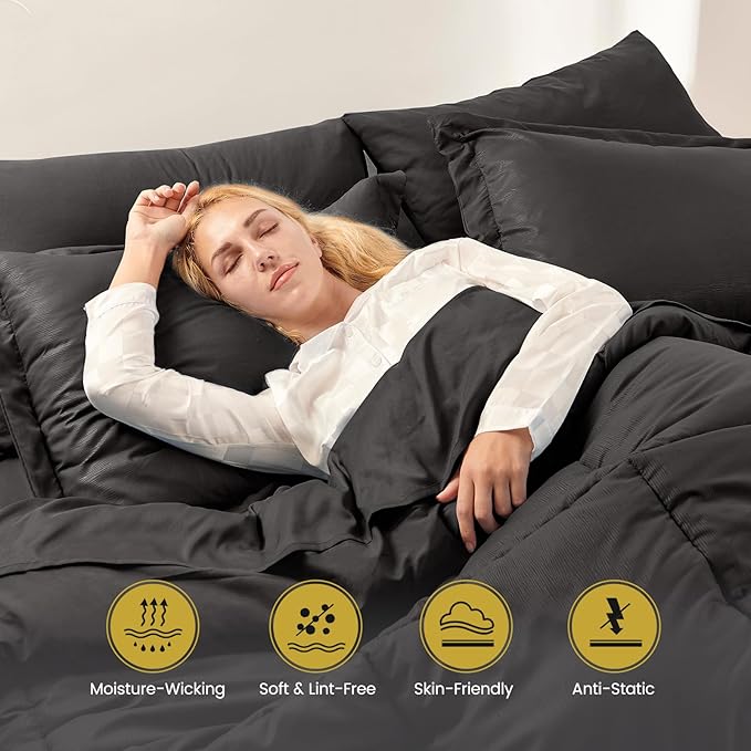 California King Bed in a Bag 7 Pieces Cal King Comforter Set, Wood Grain Texture Comforter Set Black Bed Set with Comforter, Pillowcases, Flat Sheet, Fitted Sheet and Pillow Shams - LeafyLoom