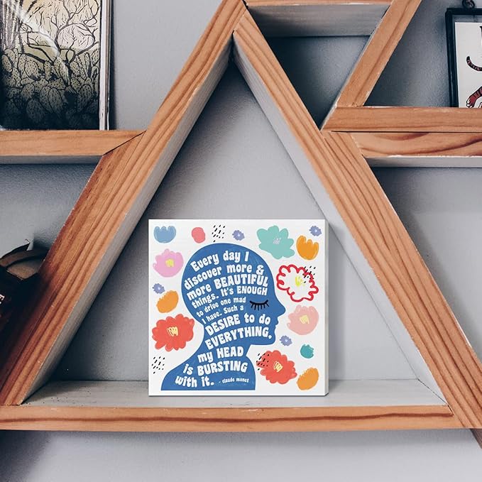 Home Office Desk Wooden Box Sign Decor, I Discover More & More Beautiful Things, Inspirational Quotes Desk Decor Motivational Desk Decorations for Women Girls Teens Student Office Classroom School - LeafyLoom