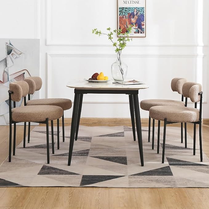 EDWELL Dining Chairs Set of 4, Round Upholstered Dining Room Chairs, Curved Backrest Boucle Dining Chair for Kitchen, Living Room, Mid Century Modern Dining Chairs with Black Metal Legs - LeafyLoom