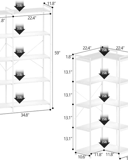Bookshelf 5 Tier Deformable Corner Bookcase Free Standing Modern Industrial Book Storage Display Book Shelf for Bedroom Living Room Study Room Office (White) - LeafyLoom
