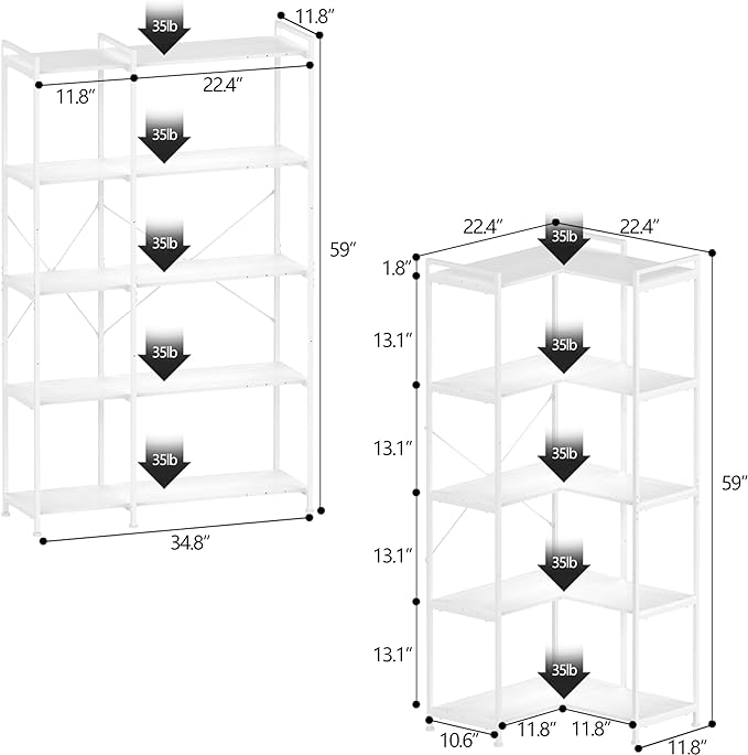 Bookshelf 5 Tier Deformable Corner Bookcase Free Standing Modern Industrial Book Storage Display Book Shelf for Bedroom Living Room Study Room Office (White) - LeafyLoom