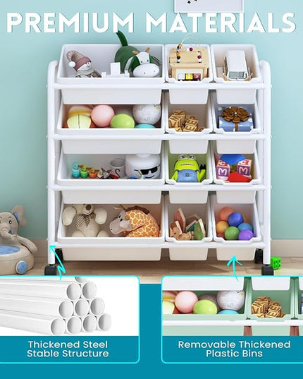 Kids Toy Storage Organizer with 12 Plastic Bins, 4-Tier Metal Toy Storage Rack, Metal Toy Organizer with Storage Bins for Kids Room, Playroom and Nursery, White - LeafyLoom