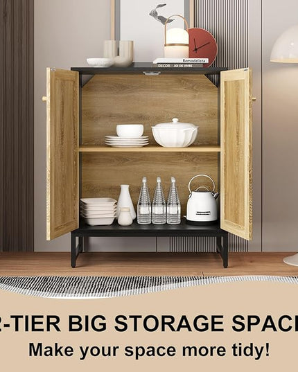 Sideboard Buffet Cabinet, Storage Cabinet with Double Rattan Doors, Modern Rattan Sideboard Cabinet, Kitchen Storage Cabinet with Metal Feet, for Entryway, Bedroom, Living Room (Black) - LeafyLoom