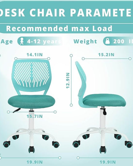 FurnitureR Writing Task Chair 360 Swivel,Low Mid PP Mesh Back Fabric Seat, Height Adjustable, Rolling Castor,W15.7”xD15.2”x H29.5-34.2",Turquoise - LeafyLoom