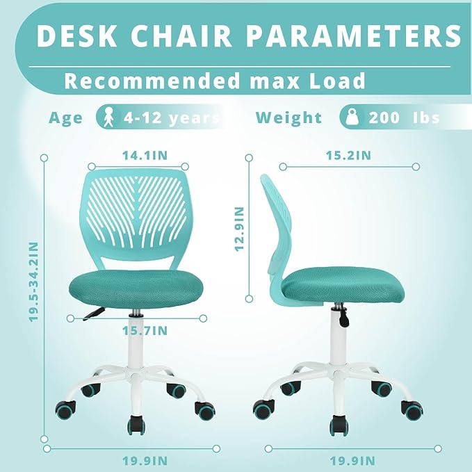 FurnitureR Writing Task Chair 360 Swivel,Low Mid PP Mesh Back Fabric Seat, Height Adjustable, Rolling Castor,W15.7”xD15.2”x H29.5-34.2",Turquoise - LeafyLoom