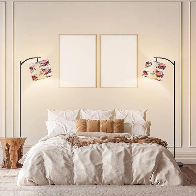 Modern Arc Floor Lamp with Dimmer Mid Century Violet Orange Blue Flowers Green Leaves Bunches White Metal Standing Lamp with Linen Shade Footswitch for Living Room Bedroom Office - LeafyLoom