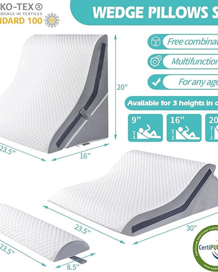 Wedge Pillow for Sleeping, Orthopedic Bed Wedge Pillow Set, 15-in-1 Adjustable Memory Foam Wedge Pillow Post Surgery, 9 &16 & 20 inches Height 3-in-1 Incline Pillows Wedges for Back Pain/Acid Reflux - LeafyLoom