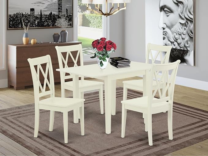 East West Furniture NDCL5-LWH-W Norden 5 Piece Set Includes a Rectangle Dining Room Table with Dropleaf and 4 Kitchen Chairs, 30x48 Inch, Linen White - LeafyLoom