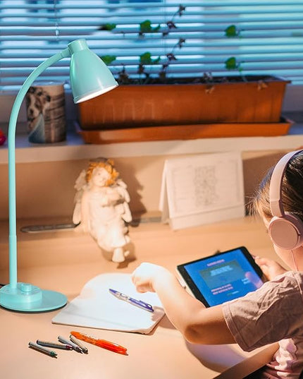 BOHON LED Desk Lamp with USB Charging Port, 3 Color Modes Fully Dimmable Reading Lamp, Auto Dimming Task Lamp, Flexible Gooseneck Table Light for Office Dorm Bedside, Adapter Include, Teal - LeafyLoom