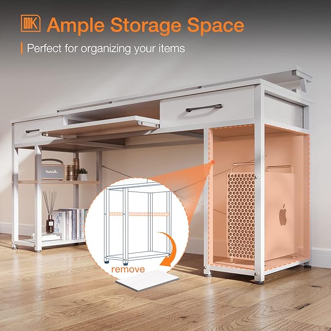 ODK Computer Desk with Drawers & Power Outlet, 63 Inch Office Desk with Keyboard Tray & Storage Shelves & PC Stand, Large Office Table Work Desk with Monitor Stand, White - LeafyLoom