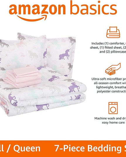 Amazon Basics Kid's Easy Care Microfiber Bed-in-a-Bag 7-Piece Bedding Set, Full/Queen, Purple Unicorns, Solid & Printed - LeafyLoom