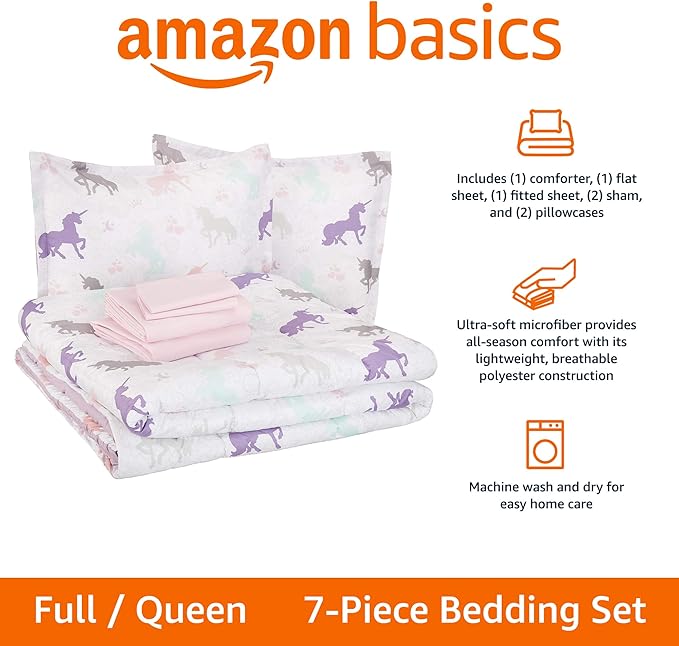 Amazon Basics Kid's Easy Care Microfiber Bed-in-a-Bag 7-Piece Bedding Set, Full/Queen, Purple Unicorns, Solid & Printed - LeafyLoom
