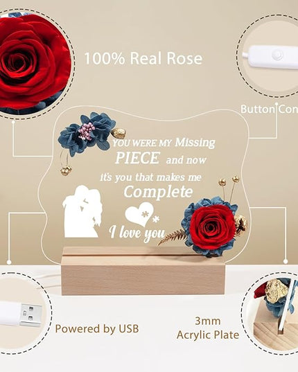 Yamonic Valentines Day Gifts for Her, Handmade Acrylic Plaque with Eternal Real Rose, Night Light with Preserved Rose Romantic Gifts for Girlfriend Wife Women (My Missing Piece) - LeafyLoom