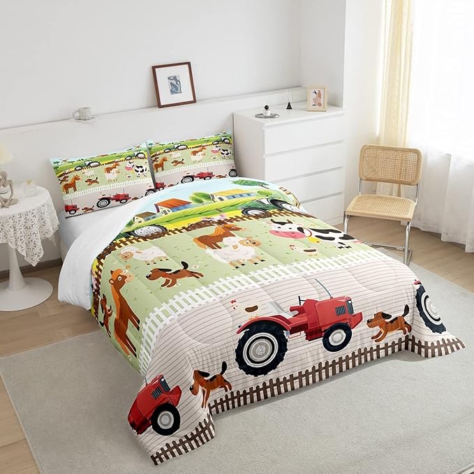 Tractor Bedding Sets for Boys Twin Size Toddler Kids Cute Cartoon Farm Animals Comforter Set Girls Children Farmhouse Country Down Comforter for All Season Colorful Room Decor Nature Theme Duvet Set - LeafyLoom