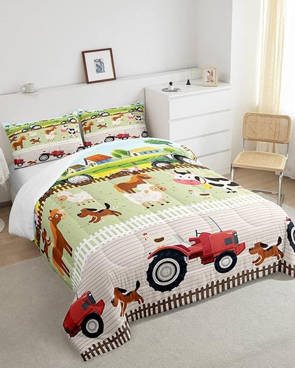 Tractor Bedding Sets for Boys Full Size Toddler Kids Cute Cartoon Farm Animals Comforter Set Girls Children Farmhouse Country Down Comforter for All Season Colorful Room Decor Nature Theme Duvet Set - LeafyLoom