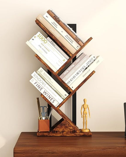 Yusong Tree Bookshelf, 5-Tier Small Bookcase with Metal Frame, Geometric Floor Standing Books Shelves Wooden Shelf for Office Desk Bedroom Tabletop Living Room Rustic Brown - LeafyLoom