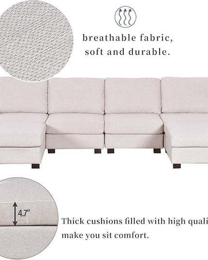 130.7" Large Sectional Sofa with Removable Ottomans, 3-Pieces Modular Upholstered Couch w/Double Chaise Lounges for Living Room Apartment Home,Spacious Space, 130.7 Inch, Beige - LeafyLoom