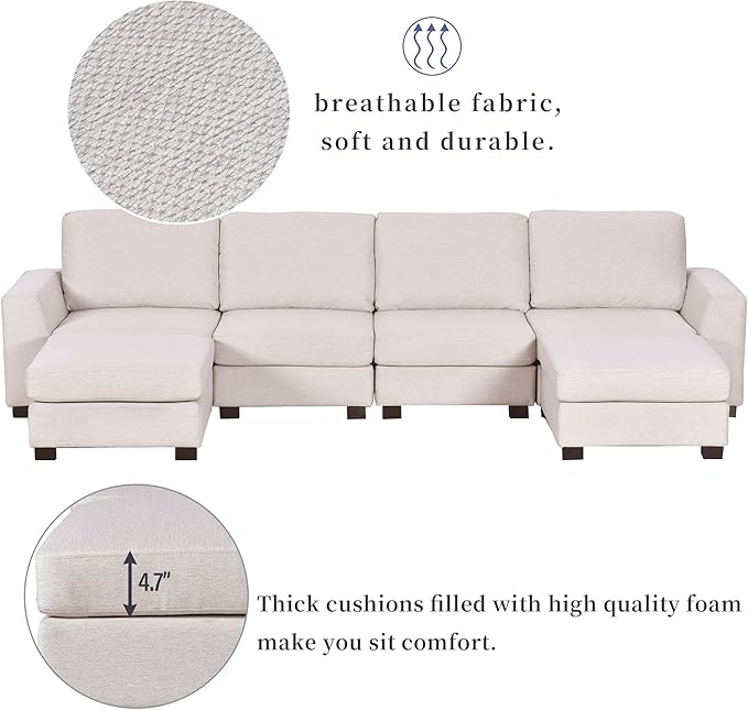 130.7" Large U-Shaped Sectional Sofa w/Removable Ottomans, 3-Pieces Modular Upholstered Couch with Double Chaise Lounge for Living Room Apartment Home Office, Beige, 130.7 Inch - LeafyLoom