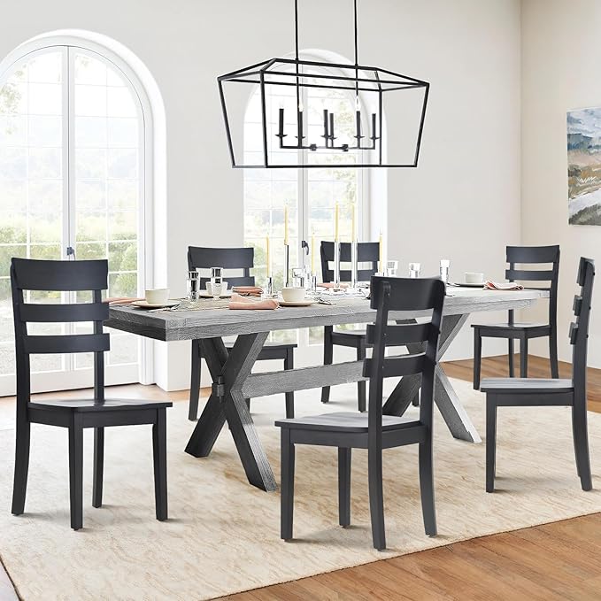 COLAMY Wooden Dining Chairs Set of 4, Ladder High Back Kitchen Side Chair, Farmhouse Armless Dining Room Chairs with Adjustable Foot Pegs, Black - LeafyLoom