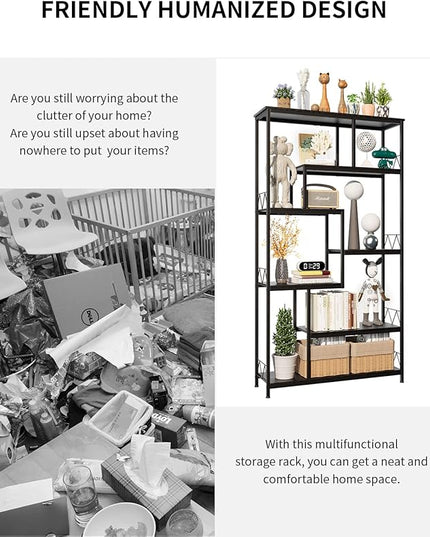 Gizoon 71” Industrial Bookshelves for Storage, Tall Display Etagere 8-Shelves for Bedroom, Metal Frame Staggered Bookcases for Bedroom, Living Room, Home Office, Black - LeafyLoom