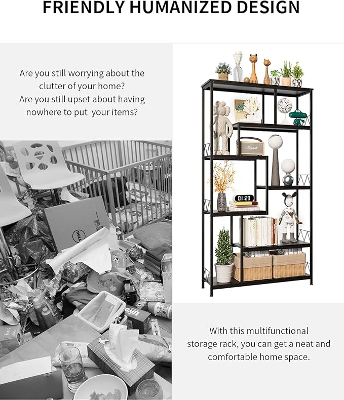 Gizoon 71” Industrial Bookshelves for Storage, Tall Display Etagere 8-Shelves for Bedroom, Metal Frame Staggered Bookcases for Bedroom, Living Room, Home Office, Black - LeafyLoom