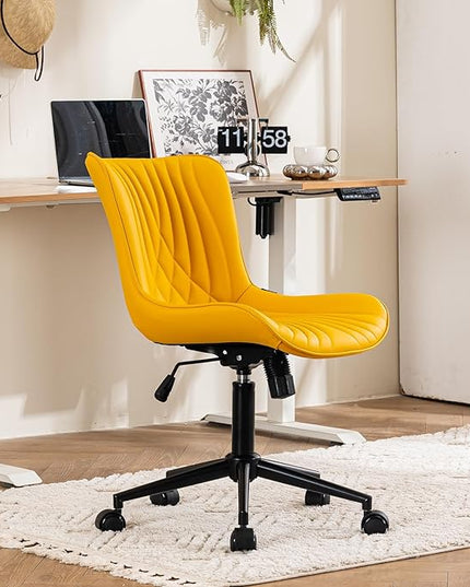 YOUTASTE Office Chair Modern Armless Desk Chair, Height Adjustable Swivel Rocking Computer Task Chair, Faux Leather Sewing Chairs with Wheels, Stylish Lounge Vanity Chair,Yellow - LeafyLoom