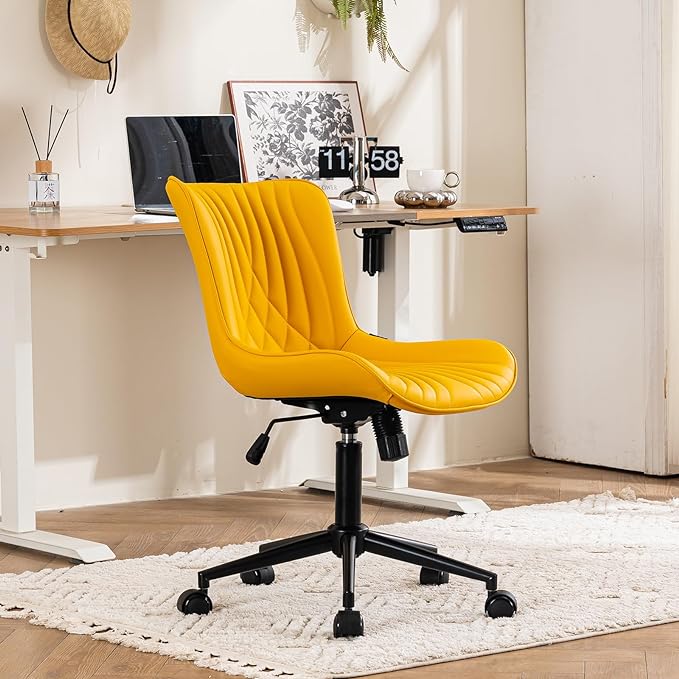 YOUTASTE Office Chair Modern Armless Desk Chair, Height Adjustable Swivel Rocking Computer Task Chair, Faux Leather Sewing Chairs with Wheels, Stylish Lounge Vanity Chair,Yellow - LeafyLoom