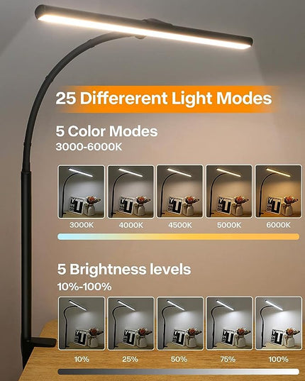 ACNCTOP LED Desk Lamp for Office Home - Eye-Caring Architect Task Lamp 25 Lighting Modes Adjustable Flexible Gooseneck Clamp Light for Workbench Drafting Reading Study (Black) - LeafyLoom