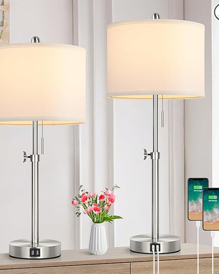 Table Lamp Set of 2 for Bedroom, Bedside Lamp with 2 USB Ports, 23" to 30" Height Adjustable Tall Table Lamp for Living Room End Tables, Modern Silver Nightstand Lamp with Pull Chain - LeafyLoom