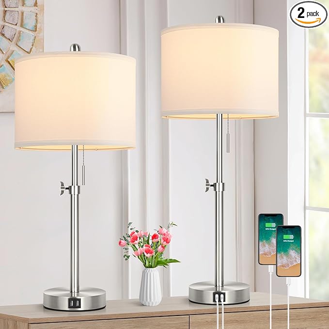 Table Lamp Set of 2 for Bedroom, Bedside Lamp with 2 USB Ports, 23" to 30" Height Adjustable Tall Table Lamp for Living Room End Tables, Modern Silver Nightstand Lamp with Pull Chain - LeafyLoom