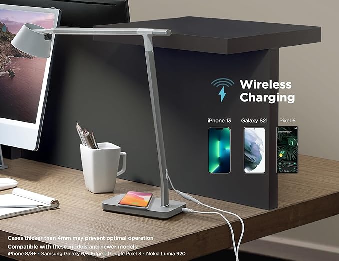 BLACK+DECKER Verve Series Smart LED Desk Lamp, Compatible with Alexa, Circadian Mode, True White LED, 18 Watt, Qi Wireless Charger, Silver - LeafyLoom