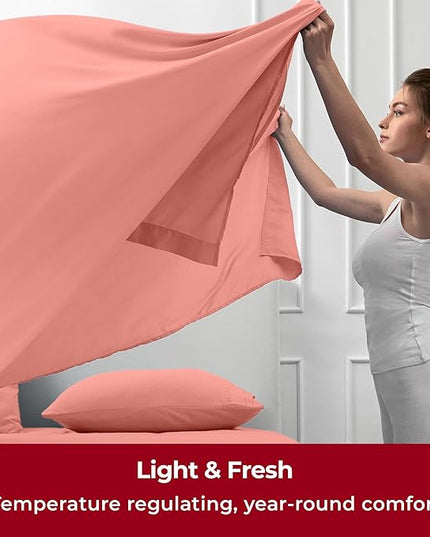 Mellanni Split King Sheets Set - 7 PC Iconic Collection Bedding Sheets & Pillowcases - Ultra Soft, Cooling Bed Sheets - Deep Pocket up to 16 inch - 7 PC (Split King, Coral w/Extra Pillow Cases) - LeafyLoom