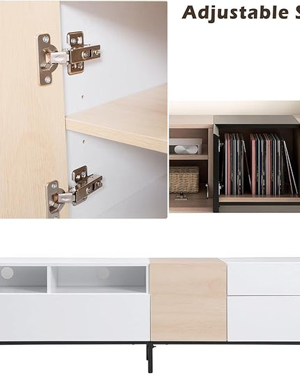 71 Inch TV Stand with Double Storage Space for TVs up to 80'', Modern TV Console with Drop Down Door, Entertainment Center for Living Room, Bedroom and Home Theatre, Wood+White - LeafyLoom
