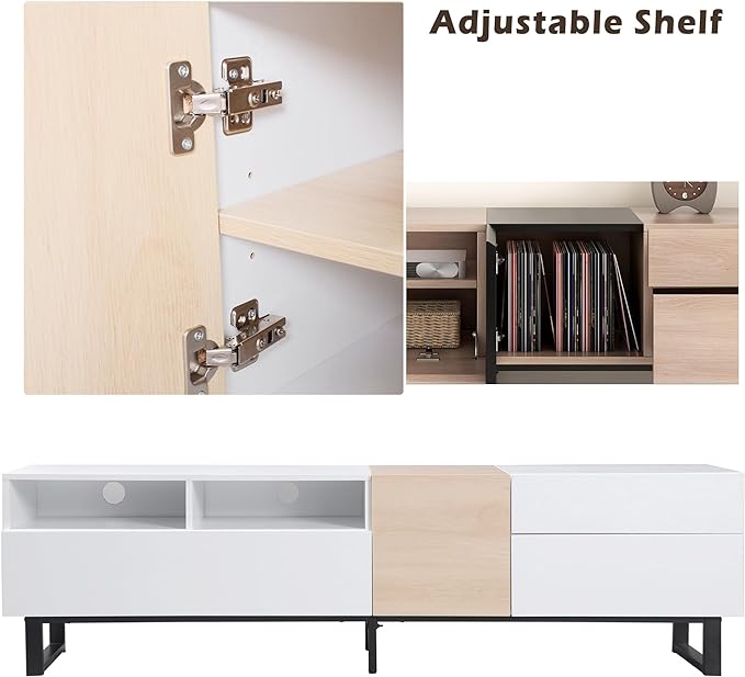 71 Inch TV Stand with Double Storage Space for TVs up to 80'', Modern TV Console with Drop Down Door, Entertainment Center for Living Room, Bedroom and Home Theatre, Wood+White - LeafyLoom