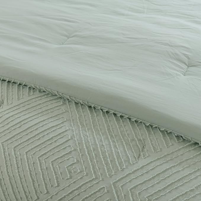 Full Comforter Set, Tufted Sage Green Comforter Set Full, Boho Bedding Comforter Sets Extra Fluffy, Ideal for All Seasons 3 Pieces (1 Comforter, 2 Pillowcases) - LeafyLoom