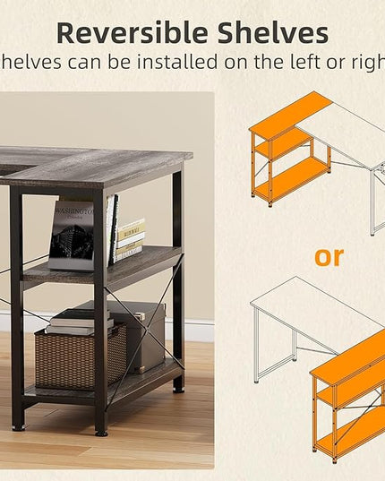 COTUBLR L Shaped Computer Desk, 47 Inch Small Corner Desk with Storage Shelves, Computer Desk Table Laptop Table Writing Desk Study Table for Home Office Workstation Small Spaces (Grey Oak) - LeafyLoom