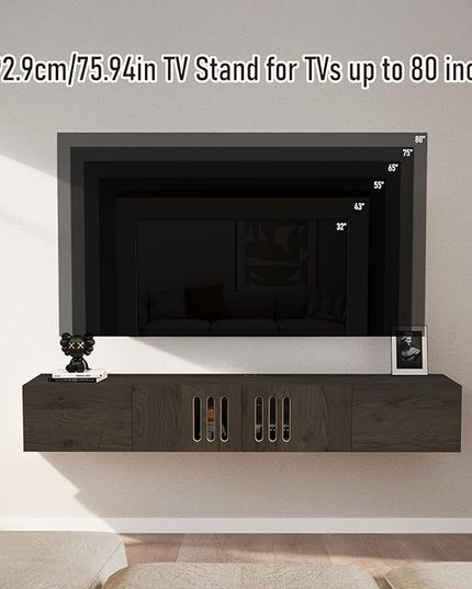 Pmnianhua Floating TV Stand,76'' Wall Mounted TV Cabinet, Mid Century TV Bench Under TV Entertainment Center Shelf TV Console Table with 4 Cabinets for Living Room Bedroom (Dark Grey) - LeafyLoom