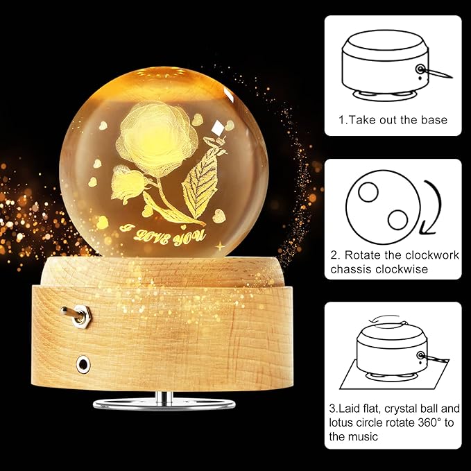 Best for Mom Women Wife Girlfriend Grandma, 3D Rose No.2 Crystal Ball Music Box with LED Night Lamp, Unique Mom Gifts for Birthday Graduation Christmas Valentine's Day Anniversary - LeafyLoom