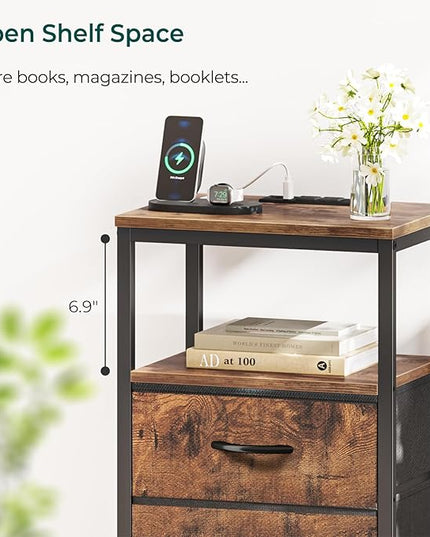 Nightstands Set of 2, End Tables with Charging Station, Side Tables with Fabric Drawers, Bedside Tables with USB Ports and Outlets, Night Stands for Bedroom, Rustic Brown - LeafyLoom