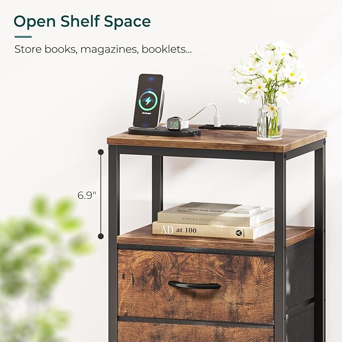 Nightstands Set of 2, End Tables with Charging Station, Side Tables with Fabric Drawers, Bedside Tables with USB Ports and Outlets, Night Stands for Bedroom, Rustic Brown - LeafyLoom