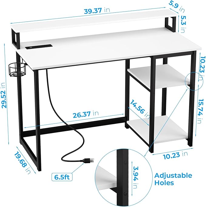 GreenForest Computer Desk with USB Charging Port and Power Outlet, Reversible Small Desk with Monitor Stand and Storage Shelves for Home Office, 40 in Work Desk with Cup Holder Hook, White - LeafyLoom